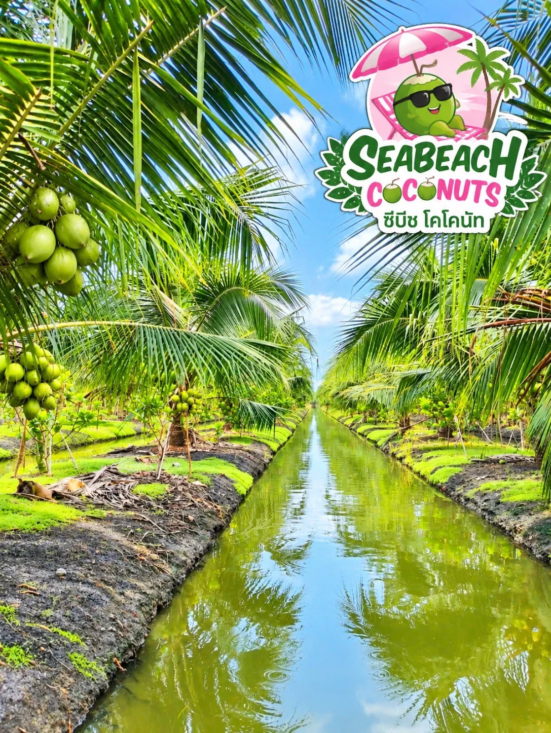 SeaBeach Coconuts organic farm in Ban Phaew with a canal running between rows of coconut palms