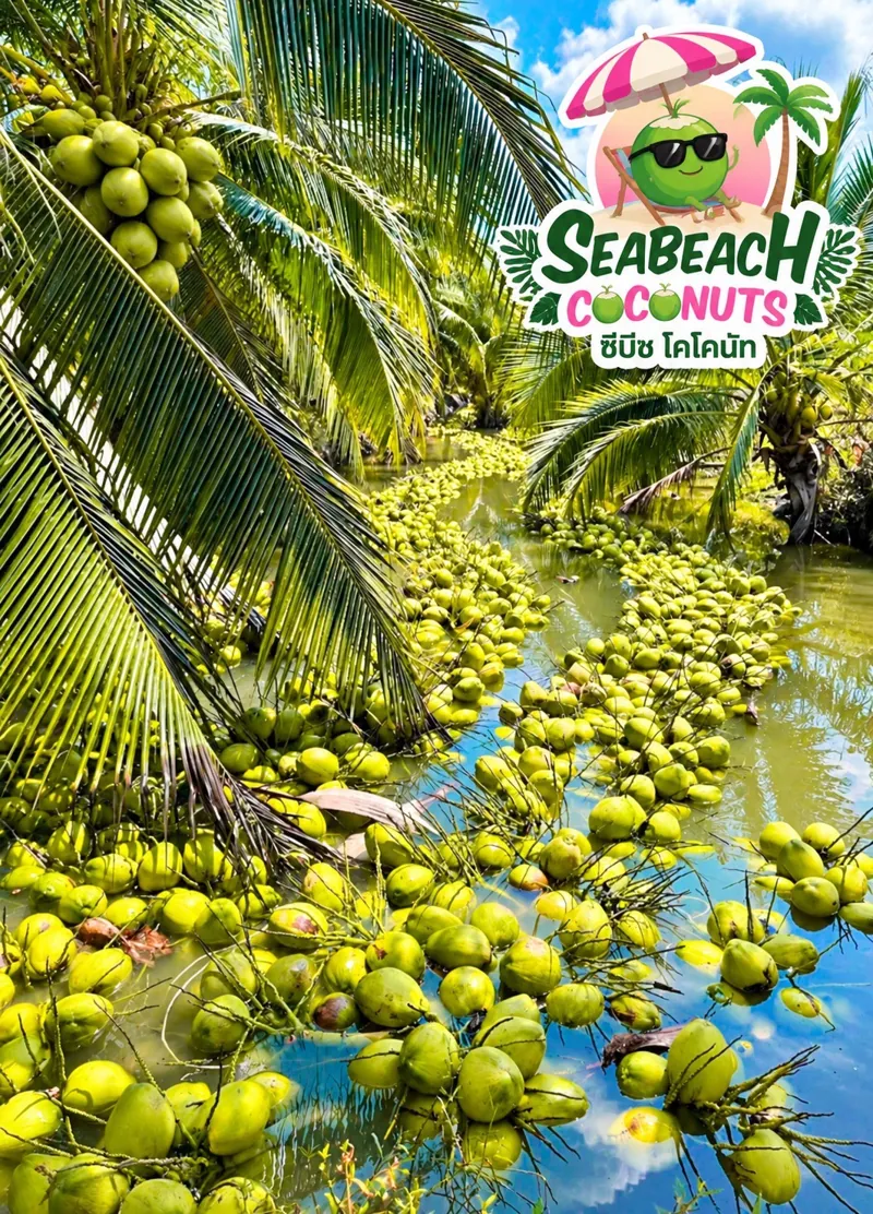 Freshly harvested Nam Hom coconuts floating in a farm canal in Ban Phaew